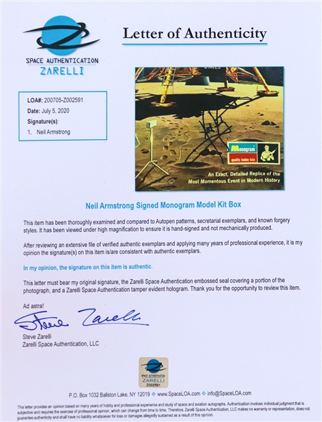 Neil Armstrong Signed ''First Lunar Landing'' Model Kit Box -- With Steve Zarelli Space Authentication COA